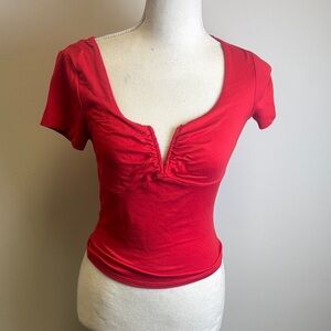 Elegant Scarlet V-Neck Ruched Blouse